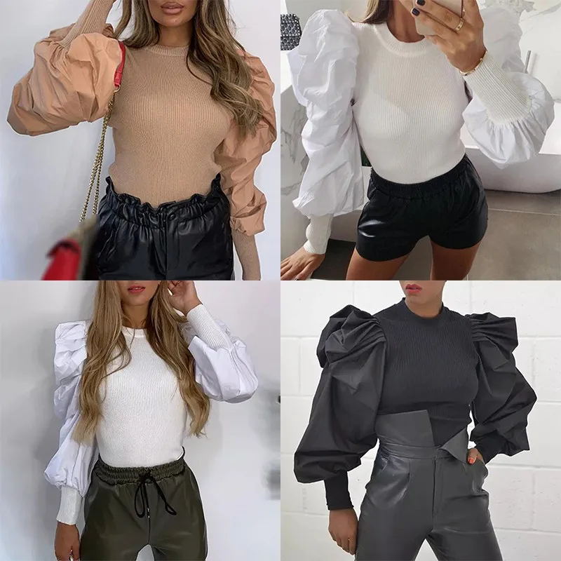 

Fashion Women Blouse Shirt Puff Sleeve Blouse Shirt Vintage Women Office Lady Solid Color Knitwear Elegant Femme Plus Size