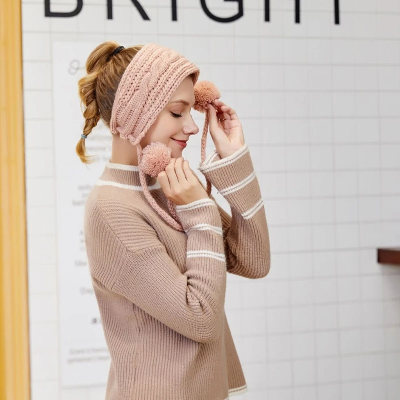 

Women Men Winter Cable Knitted Earmuffs Headband Solid Color Pompom Chin Strap Chunky Crochet Thermal 2 In 1 Scarf Earflap M7DD