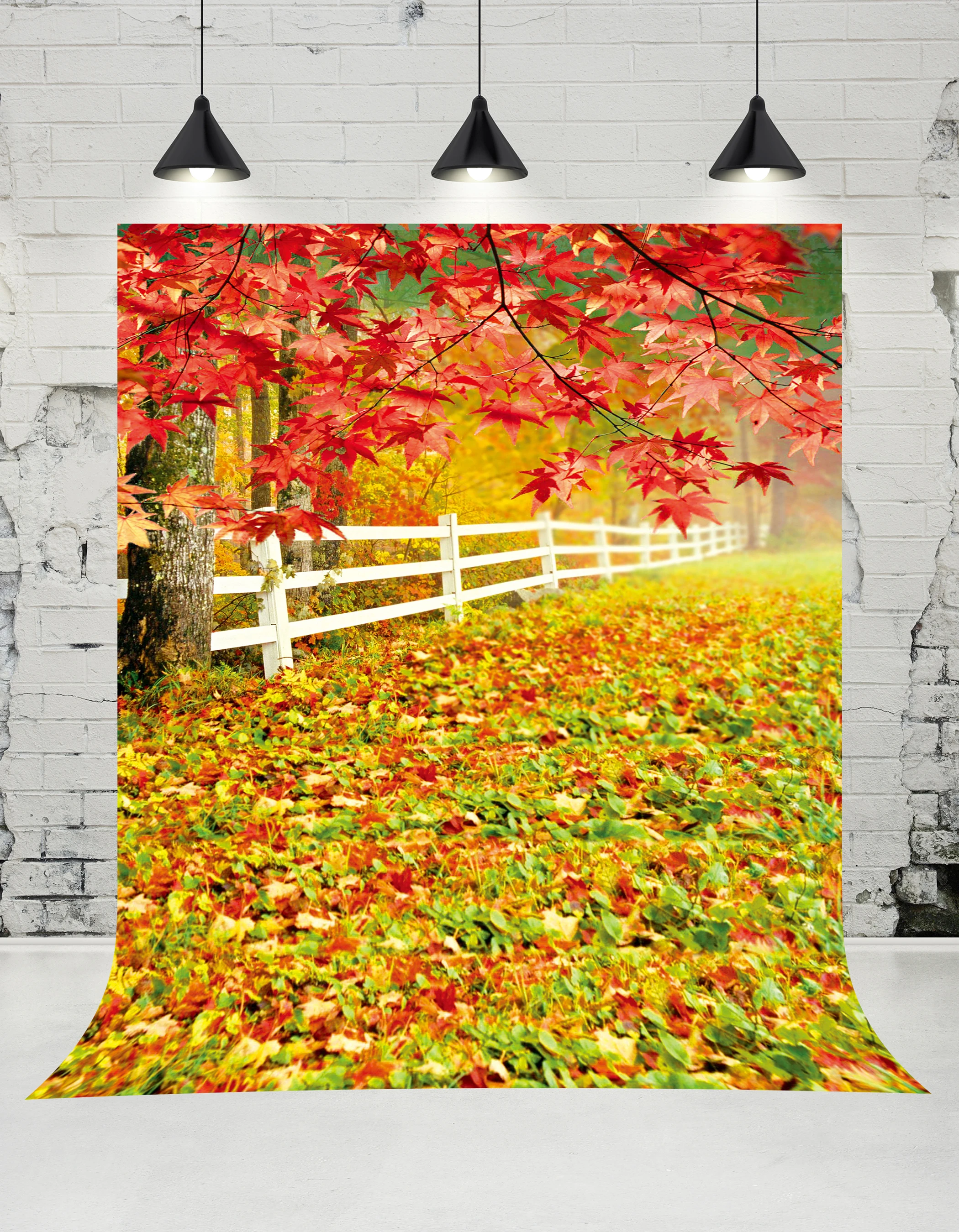 

Vinylbds Autumn Maple Tree Photography Backdrops White Fence Outdoor Scenery Photo Studio Children Background for Wedding Props