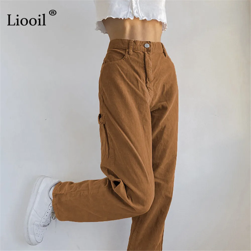 

Коричневые Вельветовые мешковатые брюки, женские брюки-Слаксы с карманами, пикантные брюки с высокой талией, уличная одежда, свободные прям...