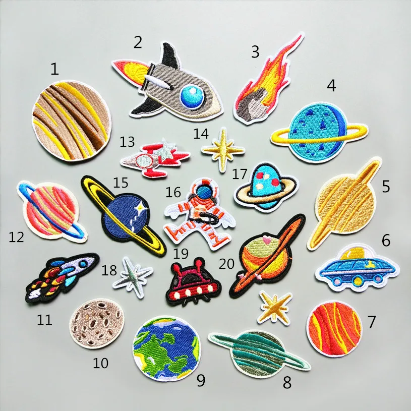 

Hot Space Planet Parches Embroidery Iron on Patches for Clothing DIY earth rocket Clothes UFO Stickers Appliques Cxbt002