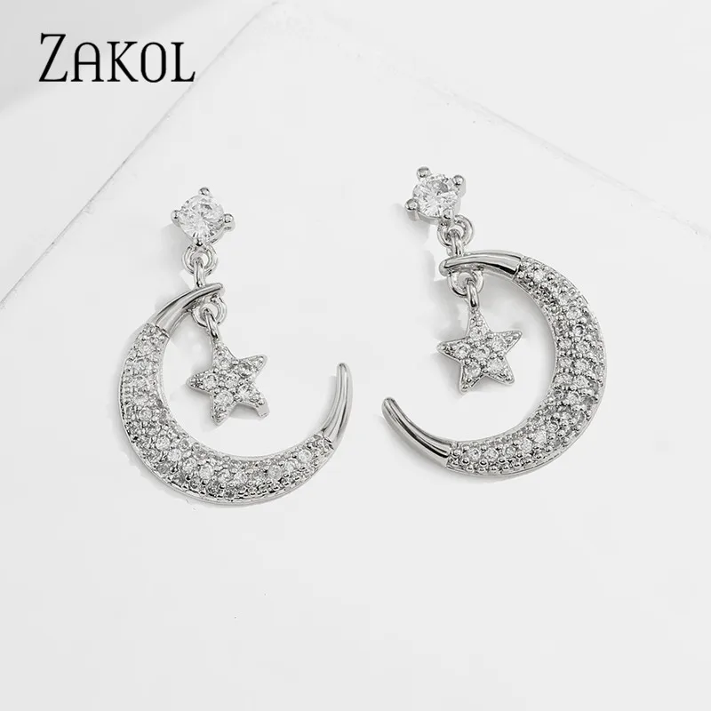 ZAKOL модные блестящие серьги с фианитом и кристаллами Звезды Луны для женщин