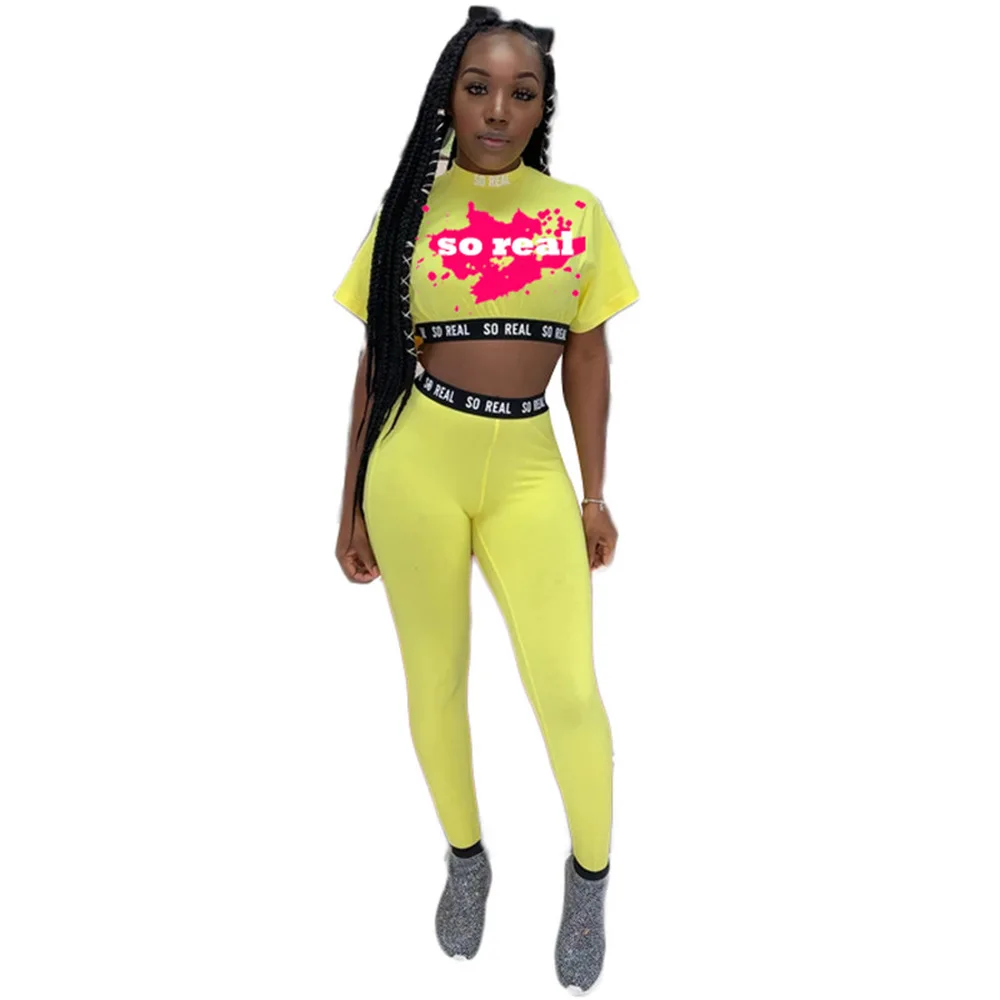 

Tie Dyeing Letter Print 2 Piece Club Outfits Women Bodycon Short Sleeve Crop Top and Sporty Legging Activewear Skinny Tracksuit