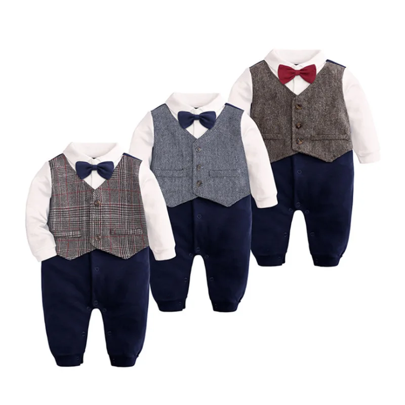 

Baby Romper Gentlemen Boys Jumpsuit Infant Bebe Clothes Toddler Cute Costumes with Tie 3Color 0-2Y