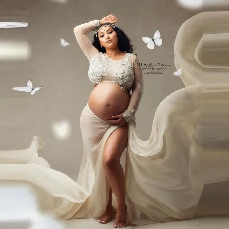 

Сексуальное платье из двух предметов для фотосессии беременных с длинным рукавом и круглым вырезом с 3D аппликацией, шифоновое платье с разрезом спереди для беременных