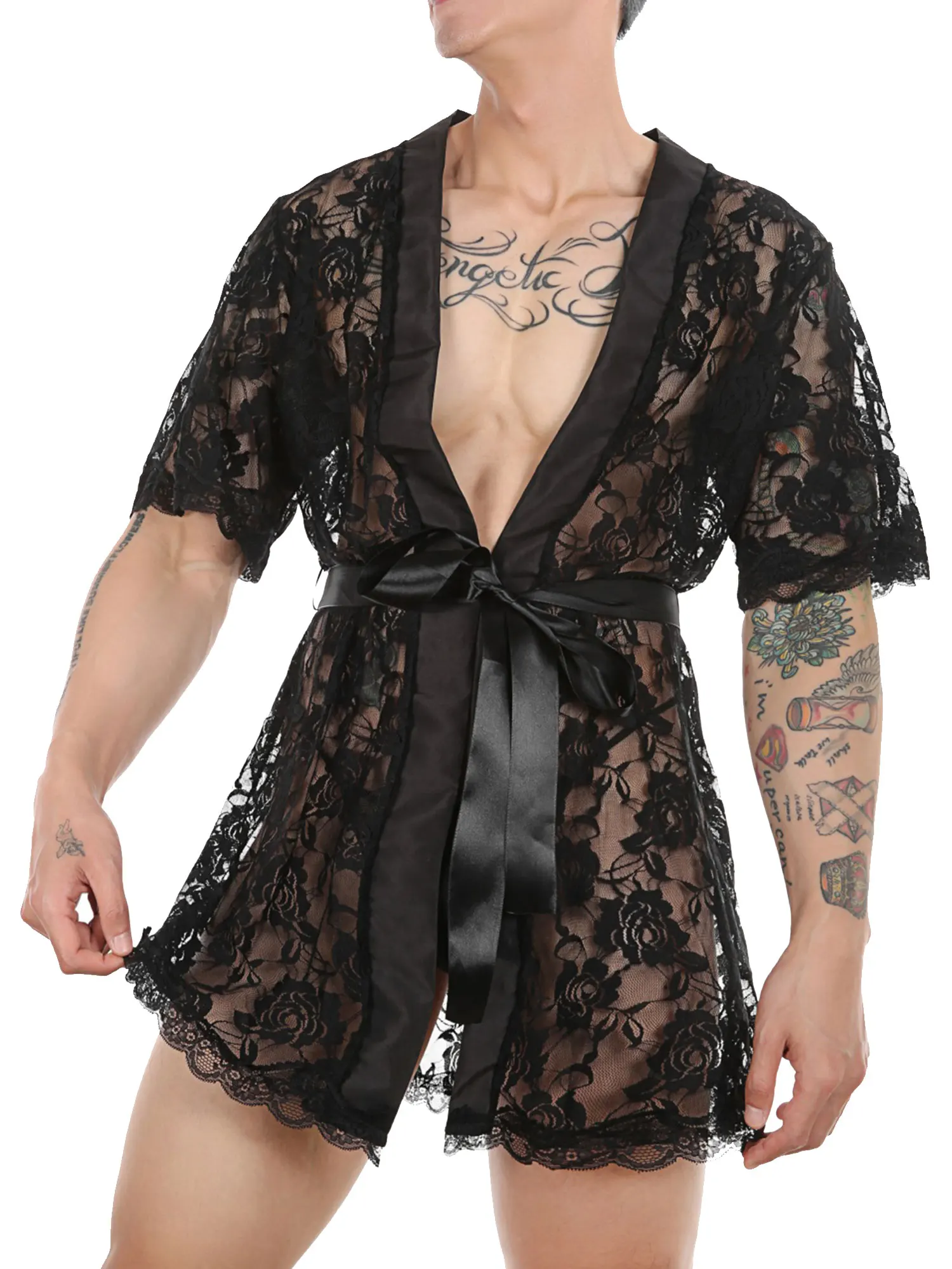 

Men See-Through Lace Night-Robe Sissy Nightwear Sleepwear Short Sleeve Cardigan Bathrobe Lungewear with T-back Belt