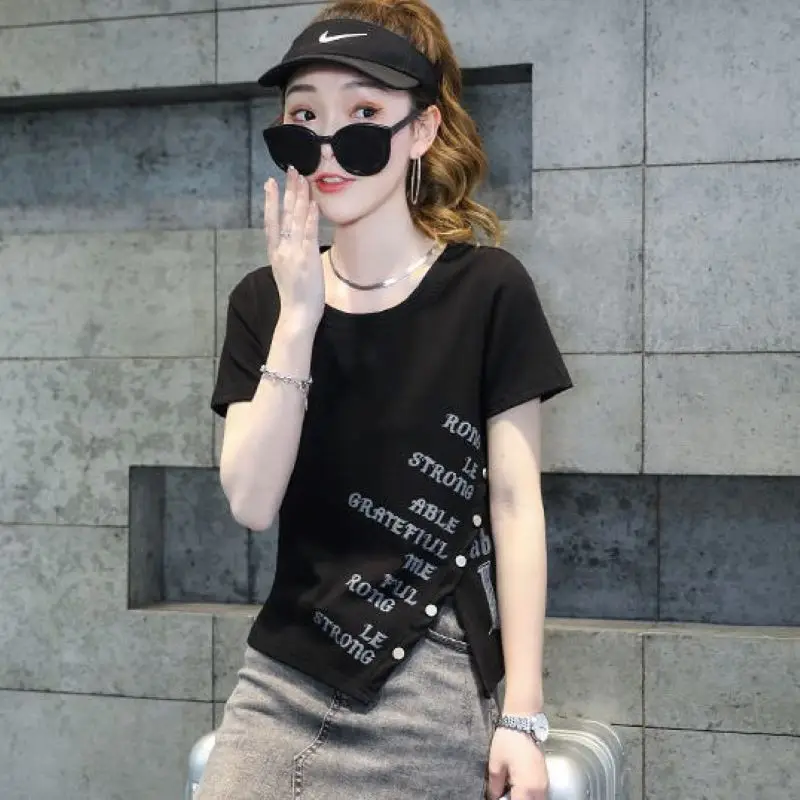 

2021 Summer New Slim Design Short Split Women's T-shirt Cotton Sleeve Fashion Casual Girl's Clothes F018
