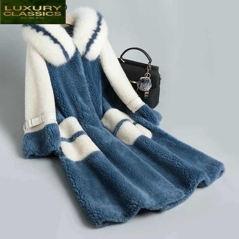 

Women Coat Sheep Shearing 2021 Real Fox Fur Coat Female Jacket Long Winter Warm Fur Outwear Overcoat Abrigo Mujer LWL1188