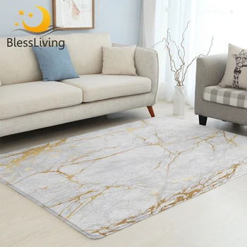 BlessLiving Marble Center Rug Golden White Stylish Living Room Carpet Modern Bedroom Carpet Anti-slip Realistic Tapis Chambre 1