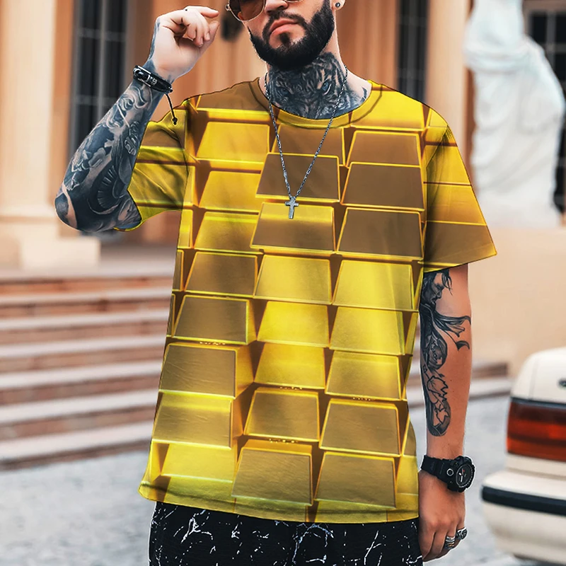 

KYCK 2022 Summer New Style 100% Pure Lycra Cotton T-shirt Men's Casual O-neck Gold Brick 3D Printing High-quality Men's T-shirt