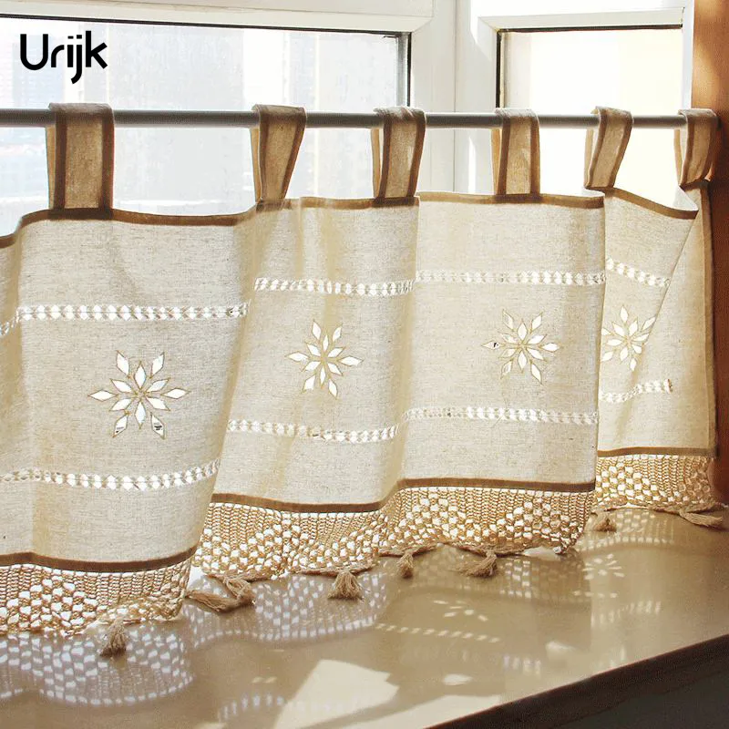 New 1PC Cotton Linen Half-curtain Handmade Tassel Embroideried Floral Kitchen Curtains Pastoral Short Panel Curtain for Cafe |