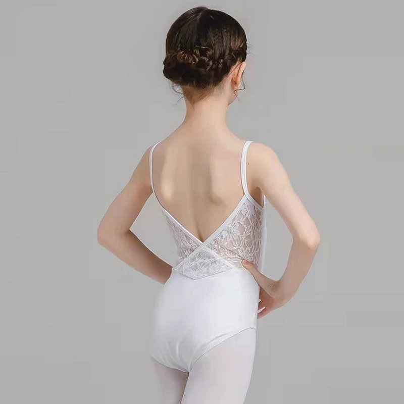 

Child White Black Swan Lake Ballet Dance Spaghetti Strap Leotards Hollow Out Lace Girls Gymnastics Dancing Coverall Leotard