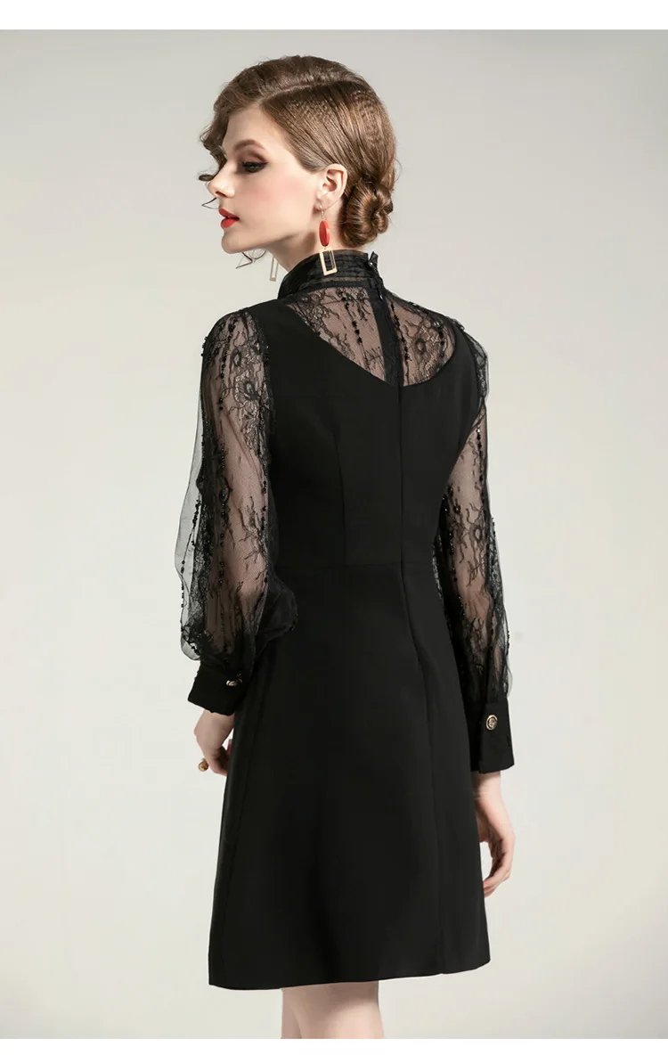 

Spring 2020 new style stand-up collar bow slim slim a-line net dress
