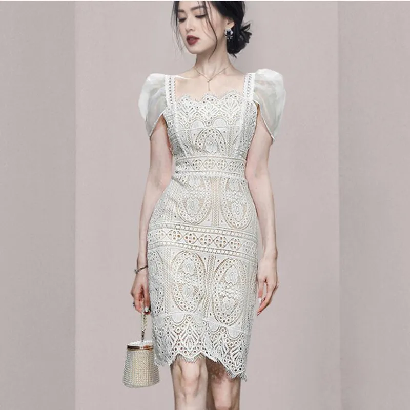 

ZAWFL 2021 Летнее мини-платье для автопортрета с квадратным вырезом, женское кружевное платье с короткими рукавами-фонариками и блестками, женс...