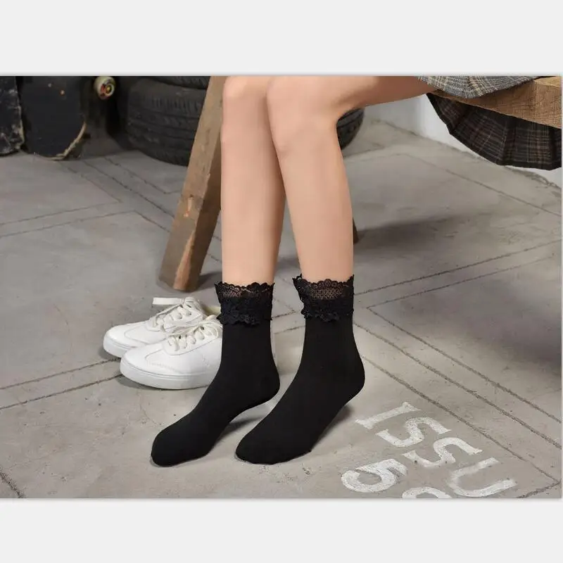 Women Solid Cotton Crew Socks Girls Lace Cuff Band Short Socks Ankle Socks Ladies Autumn White Black Long Socks 5 Pairs/lot
