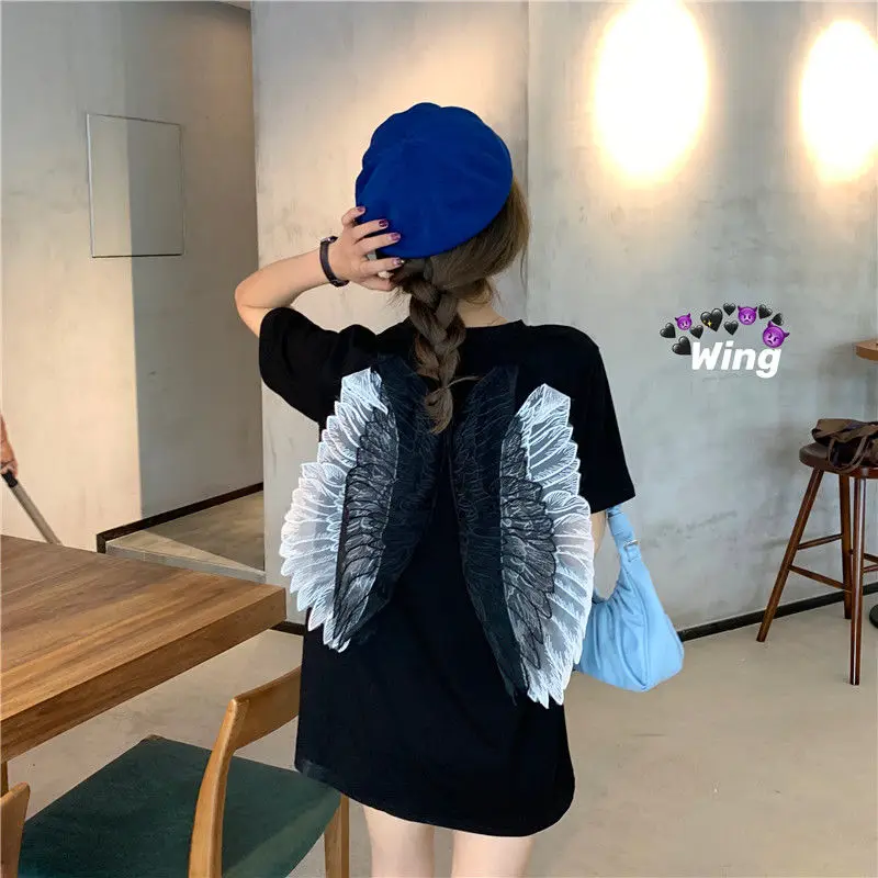 2020 Kawaii Black Women Tshirt Korean Cotton Casual Funny Wing T Shirt Gift For Lady Yong Girl Summer Top Tee Harajuku Tops | Женская