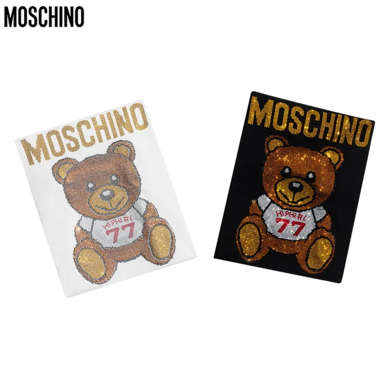 

New Moschino T-Shirts Crystal Bear Logo Women Men T-Shirts Casual Tops MOSCHINO O-Neck 100% Cotton Shirts With Brand Label