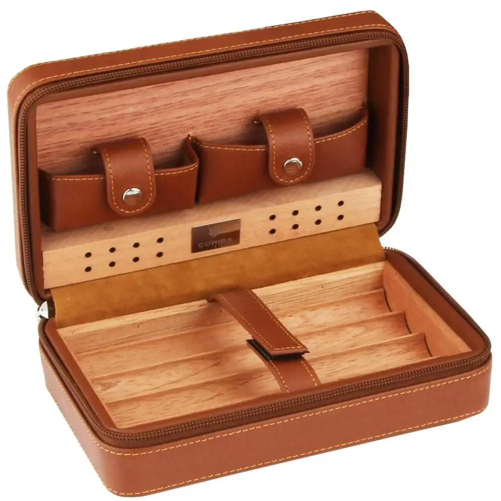 

Portable Cedar Wood Cigar Humidor Box Travel Leather Cigar Case Storage 4 Cigars Box Humidor Humidifier For Sigar