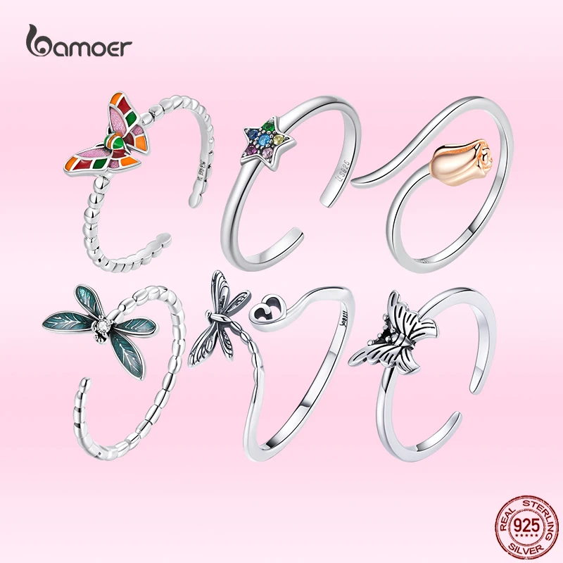 

Bamoer Brilliant Colorful Butterfly Rings for Women Fashion 925 Sterling Silver Animal Open Finger Rings Fine Party Jewelry Gift