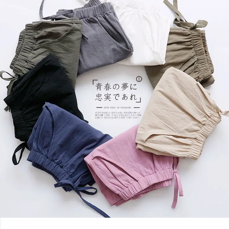 

Cotton and hemp shorts women's summer loose wide leg pants show thin elastic waist casual wear 2021 new style