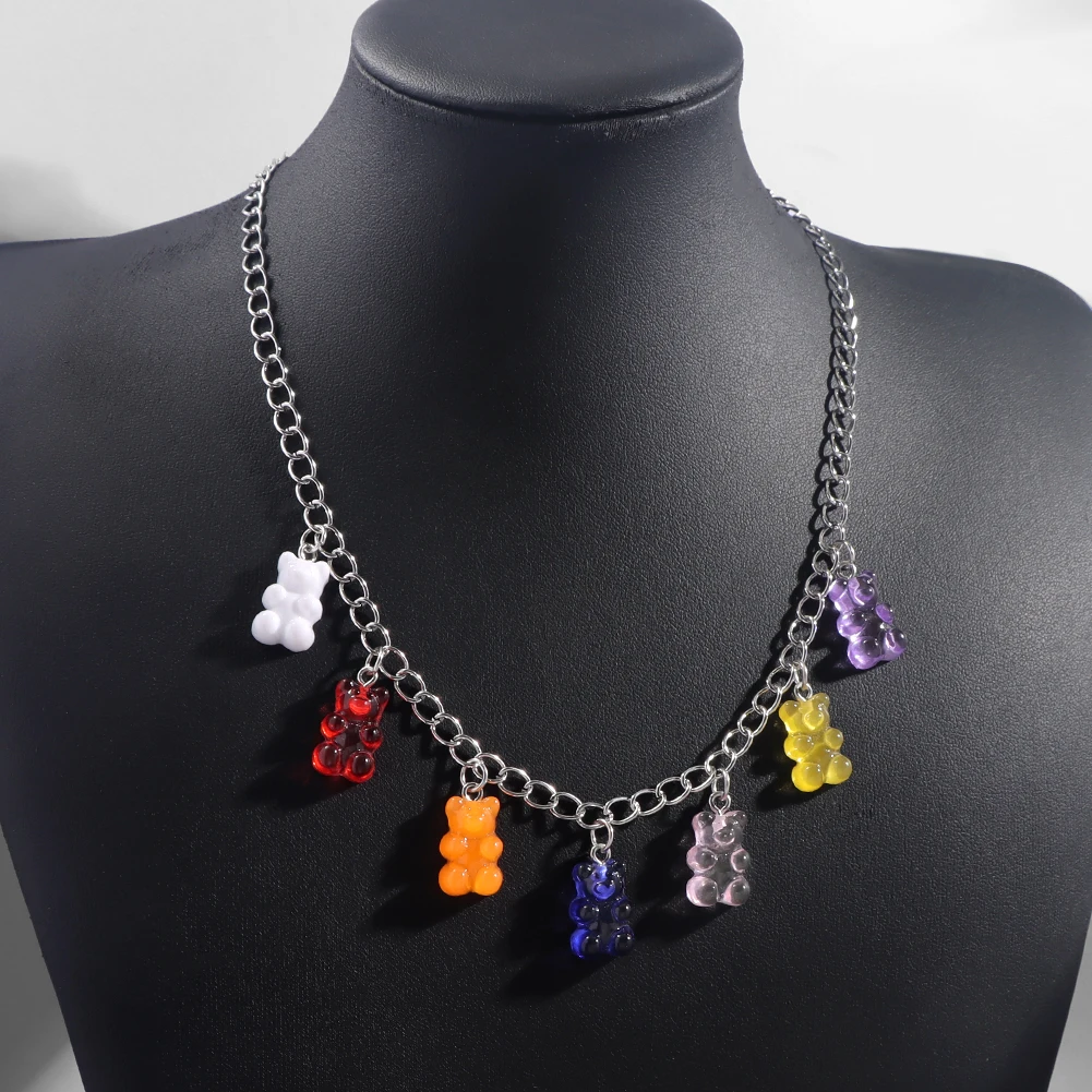 

Ins Candy Color Cartoon Resin Bear Gummy Charm Necklace For Women Hip Pop Chain Choker Rock Cool Statement Couple Jewelry Gift