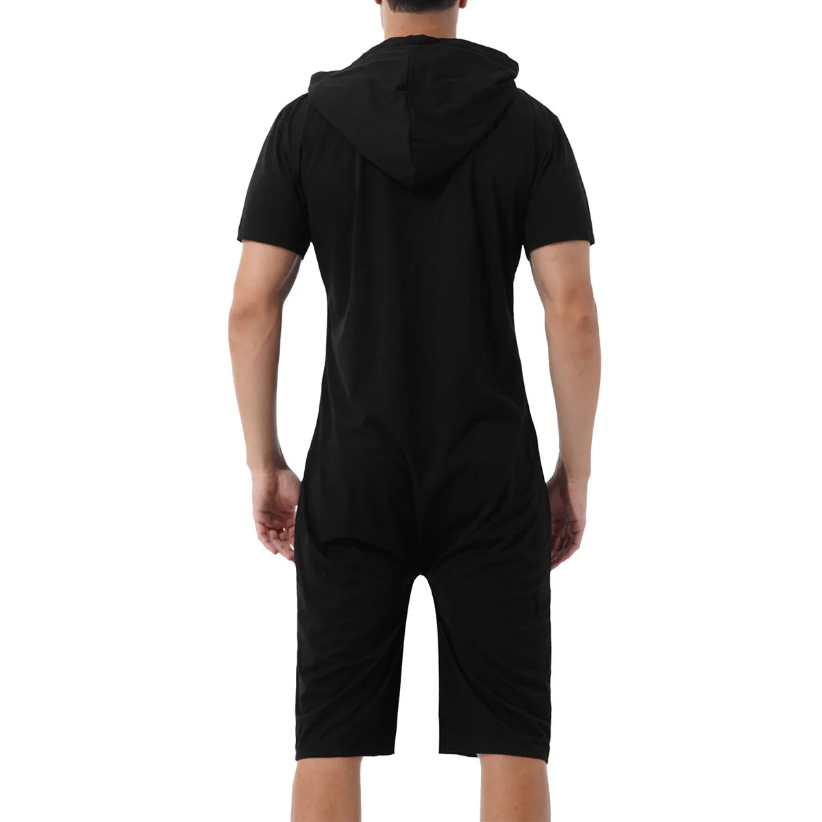 Men Hooded Jumpsuit Pajamas Short Sleeve Zip Comfy Rompers Bodysuit Sleepwear with Pockets