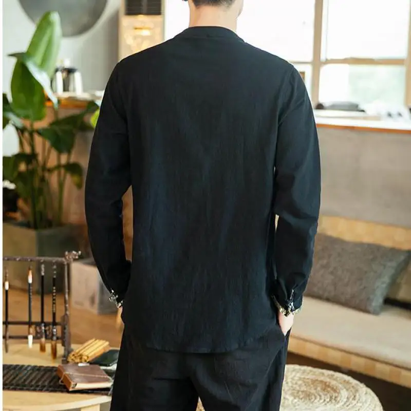 M-5XL Plus Size Vintage Mens Office Shirts Long Sleeve Chinese Collar Single Breasted Linen For Men Autumn Streetwear | Мужская одежда