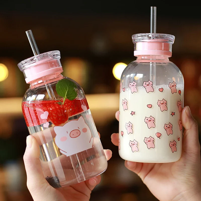 Бутылка для воды Kawaii Pig 450 мл стеклянная с соломинкой Мультяшные модные милые