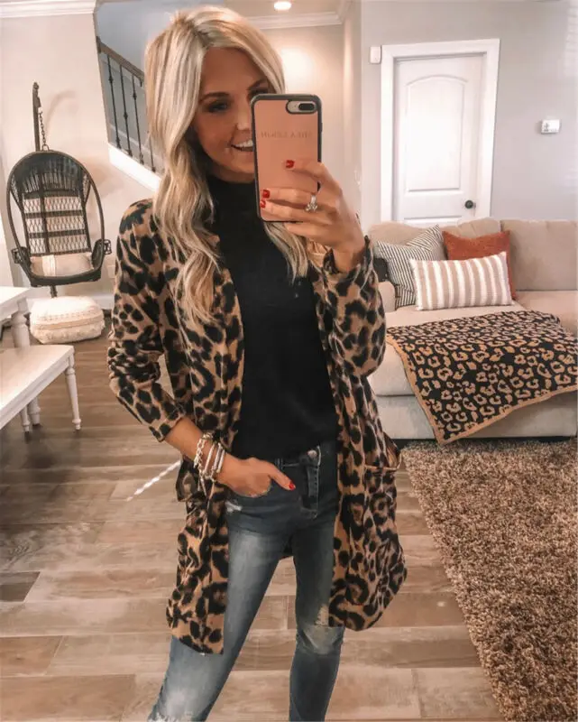 

Brand New Ladies Leopard Cardigan Long Sleeve Shawl Coat Women Spring Autumn Long Jacket Outerwear Jumper Tops OL Wear