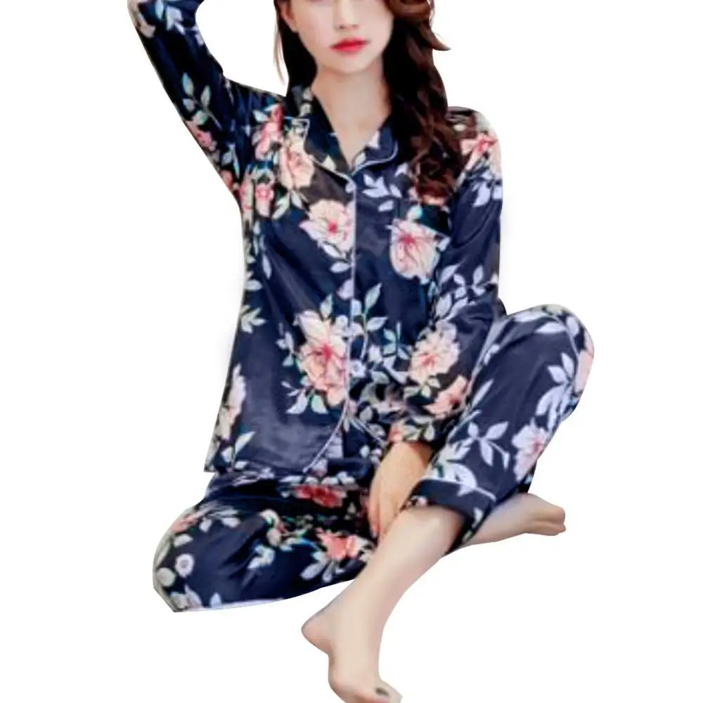 

2Pcs Women Floral Print Long Sleeve Top Pants Imitation Silk Nightwear Pajama Set домашняя одежда женская