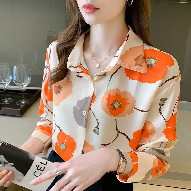 

Chiffon Women's Blouse Casual Polo Girl's Shirt Summer Loose Long Sleeve Top Fashion Plus Size Print Lady Blusas Houthion