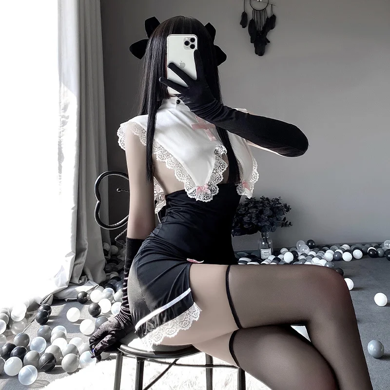Косплей Костюм Аниме Nuns для женщин кавайная кружевная пикантная без рукавов с