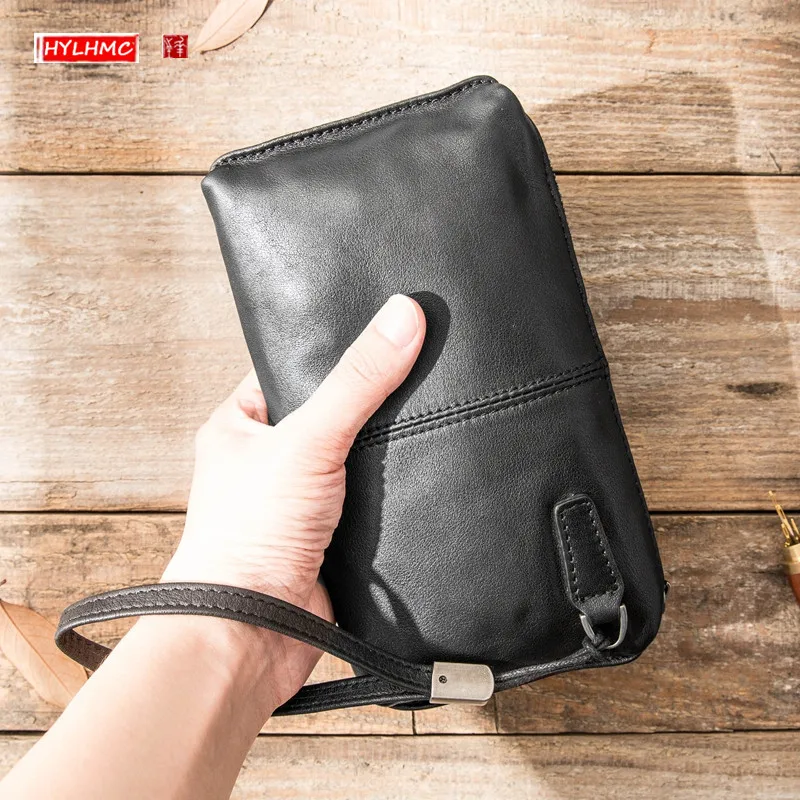 

Genuine Leather Handbags Men Clutch Bag Retro Casual Long Wallet Zipper Purses Phone Bags Tide Men's Soft First Layer Of Leather
