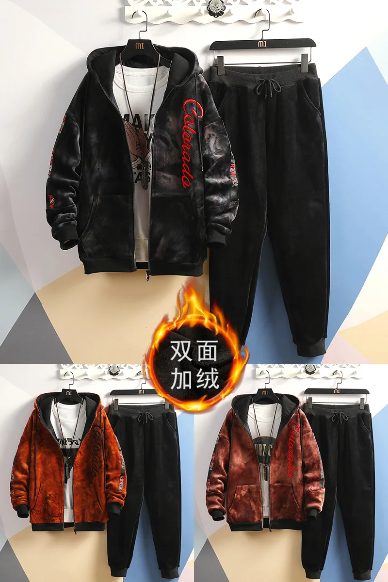 

Winter Tracksuits Men Set Thick Golden Velvet Hoodies+Pants Suit Zipper Hooded Sweatshirt Sportswear Set Men Sweat Suit