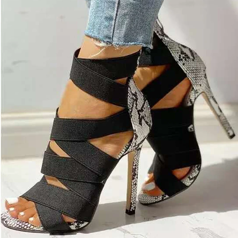 Woman Snake Pattern Sandals Women Cross Elastic Band Pump Women's High Heel Female Peep Toe Zip Shoes Ladies Thin Plus Size | Обувь