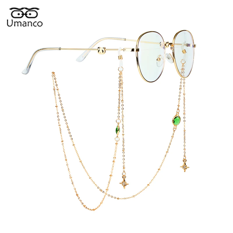 Elegant Sunglasses Chain for Women Emerald Crystal Star Pendant Anti-slip Glasses Chains Lanyard Gold Hang Neck Eyewear Charms