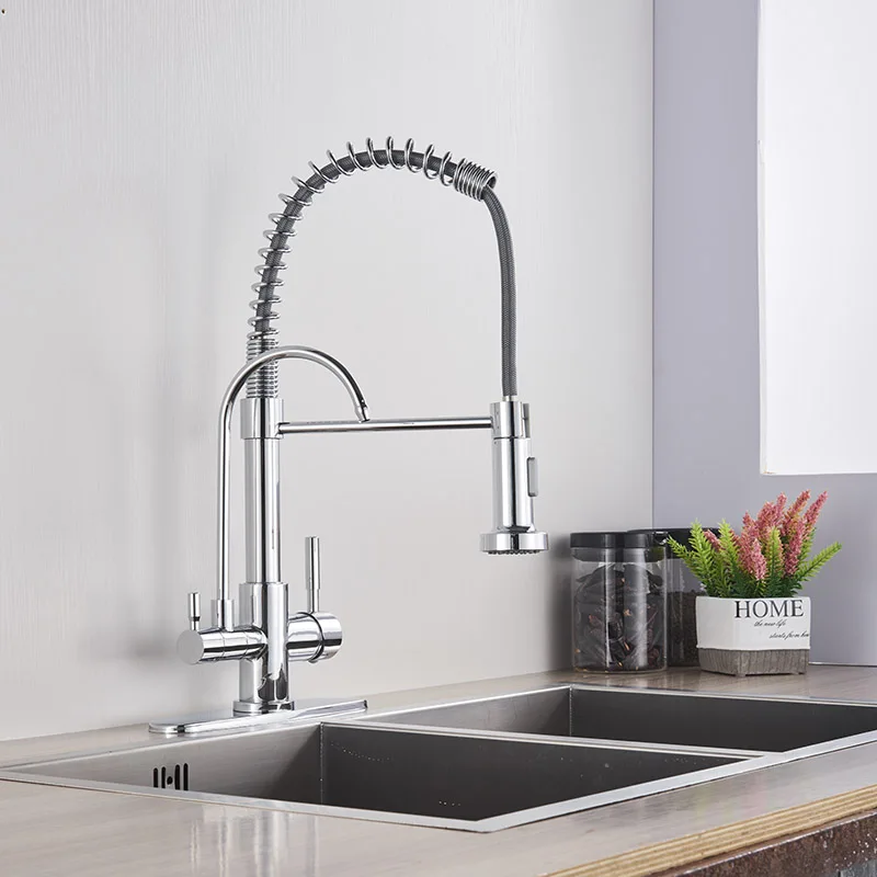 Faucet with plant Весна Pull вниз кухонный кран прямой питьевой смеситель двойной Выпускной ниппель смешивания горячей и холодной воды вращающийся - Цвет: Faucet with plant