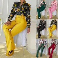 2022 new ladies casual suit printed stand up collar long sleeved shirt and wide leg pants two piece suit