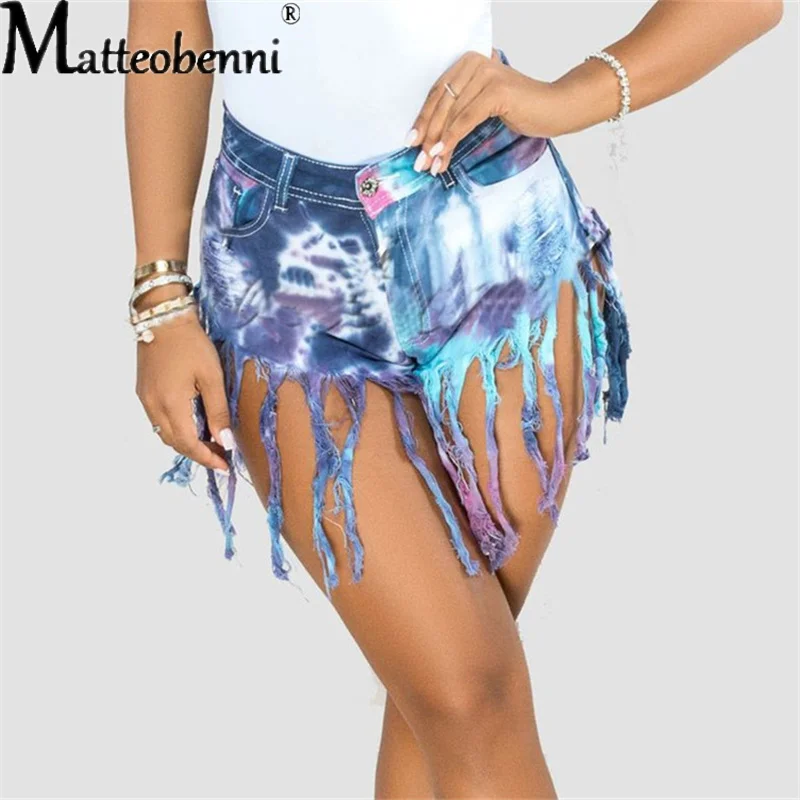 

Women Shorts Pants Casual Ripped Tie Dye Print High Waist Shorts Jeans Female Club Party Shorts Denim Outfit Streetwear Trousers