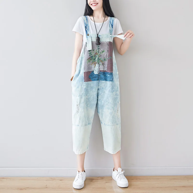 Johnature Retro Patchwork Print Pockets Calf-length Jumpsuits 2021 Summer New Loose Leisure All-match Women Jeans |