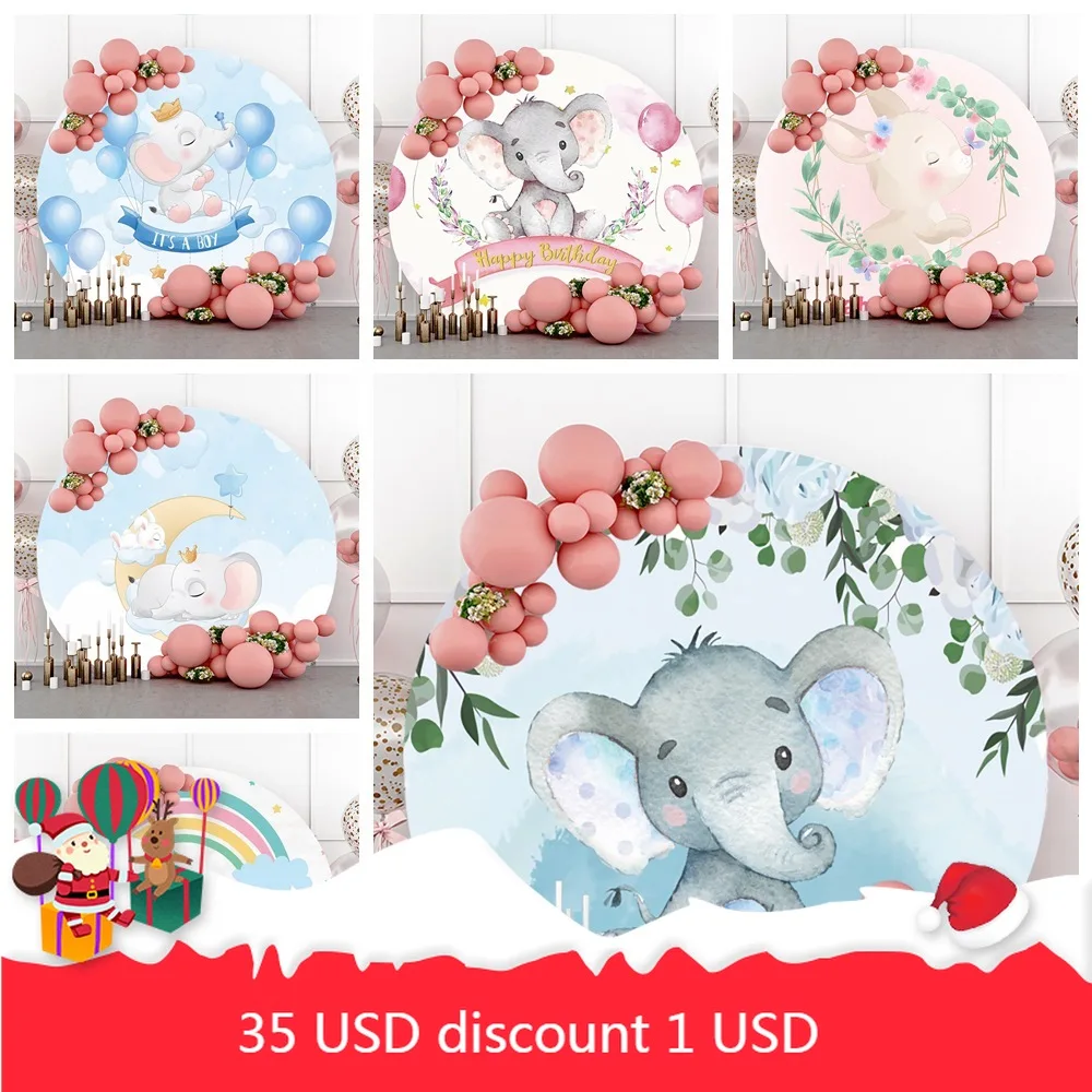 

Baby elephant animal flowers happy birthday round background cloth birthday decoration props