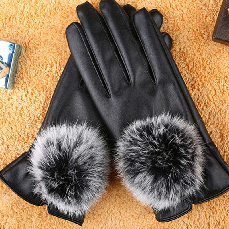 

Fashion Autumn and Winter Women Black Leather Gloves Rabbit Fur Mittens Keep Warm Gloves