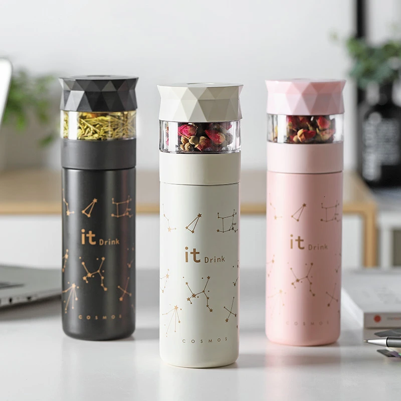 

Creative Stainless Steel Thermos Cup Vacuum Flask Heat Preservation Tea Strainer Separation Infuser With Button Portable Mug