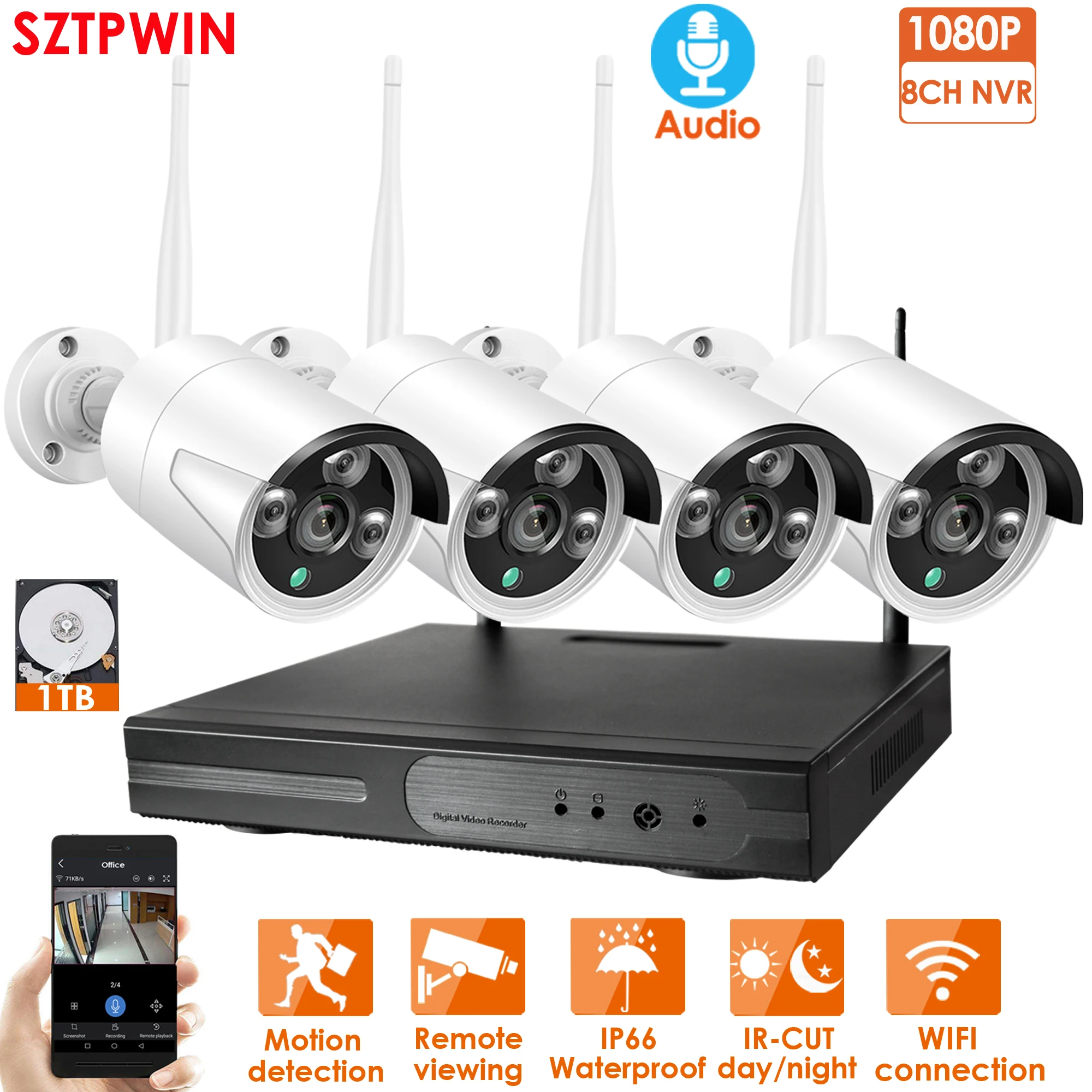 8CH1080P HD Aduio Беспроводной NVR комплект P2P 1080P Крытый Открытый Черный ИК ночного