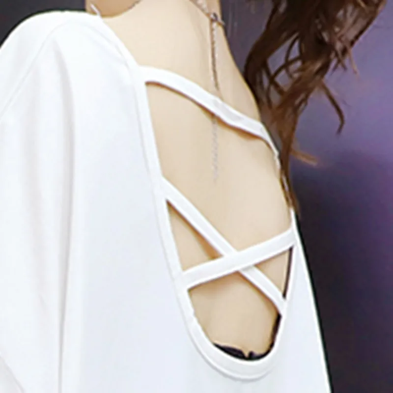 

Hollow open back mid-length t-shirt women's short-sleeved 2021 new ins Korean version of loose and thin t-shirt half-sleeved top