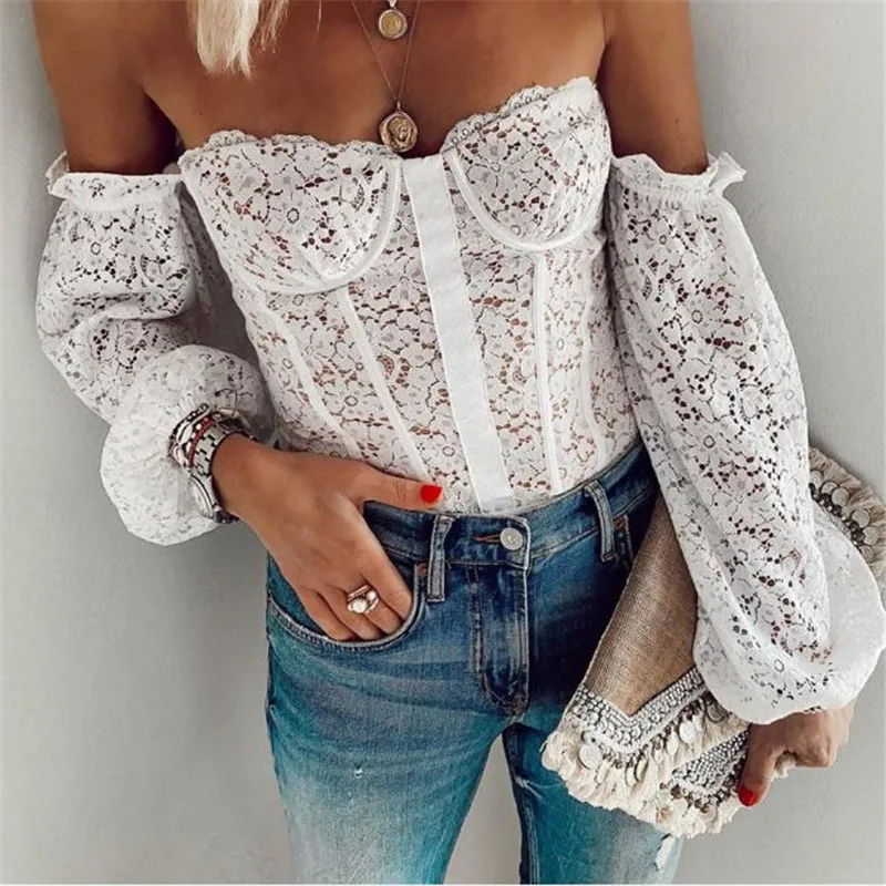 

Women Sexy Off Shoulder Lace Floral Tshirts Long Lantern Sleeves Tees Sexy White/Black Party Clubwear Casual Flower Hollow Tops