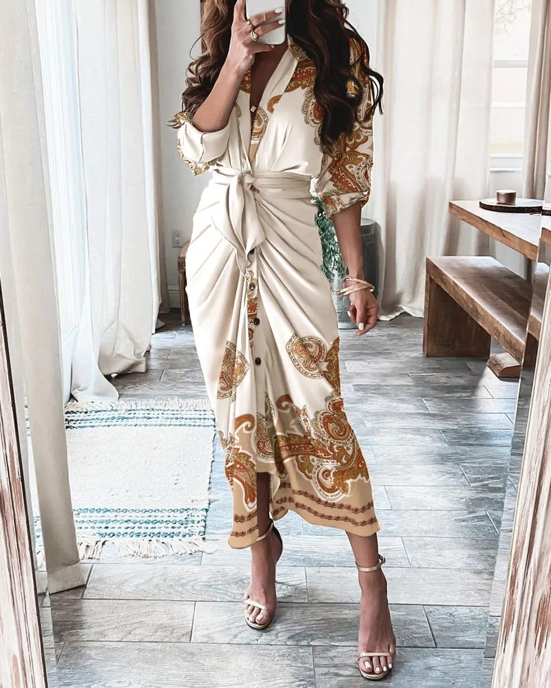 

MKD LUFI платье-рубашка с принтом пейсли и рюшами спереди, женское Повседневное платье макси