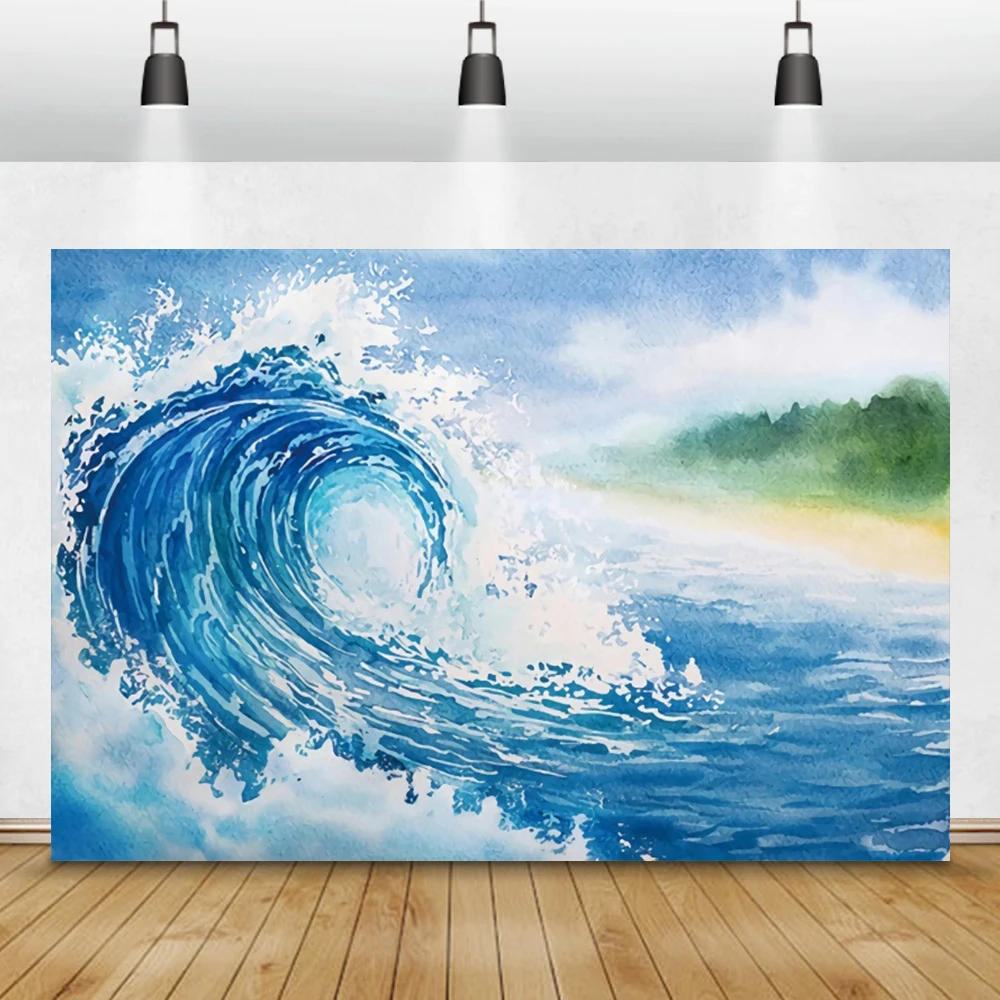 

Laeacco Blue Watercolor Painting Sea Waves Photography Backdrops Baby Shower Photography Background For Photo Studio Photocall