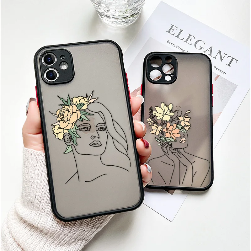 

Line Art Sketch Flower Case For iPhone 13 Pro Max X XS XR SE 2 12 11 Pro MAX 13 Mini 6 6s 7 8 Plus Cover Hard PC Lens Protection