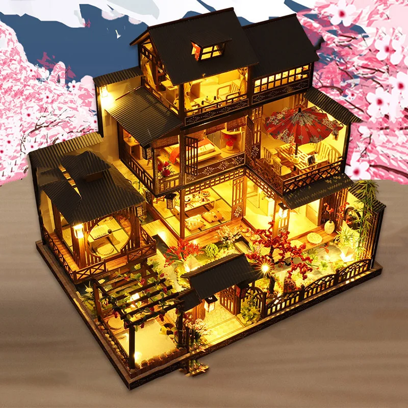 

DIY 3D wooden Three-story Retro big villa with led light Handmade miniature dollhouse kit doll house roombox toys & hobbies